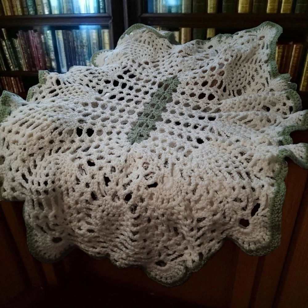 Handmade Crochet Blanket with Green Trim 46x50